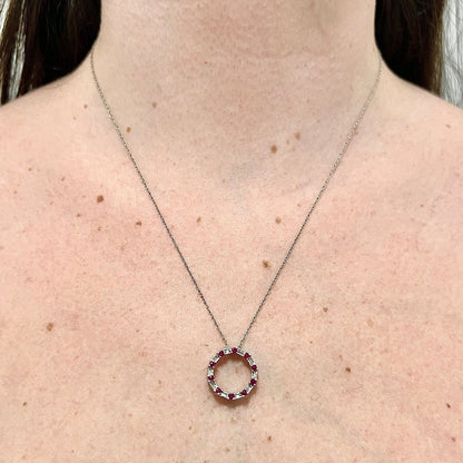 10K Diamond & Ruby Circle Pendant Necklace - White Gold Ruby Pendant - Open Circle Necklace - Valentine’s Day Gifts For Women - Gold Circle