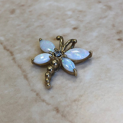 Natural Opal & Diamond Pendant Necklace - Dragonfly Pendant - 10K Yellow Gold - October Birthstone - Birthday Gift