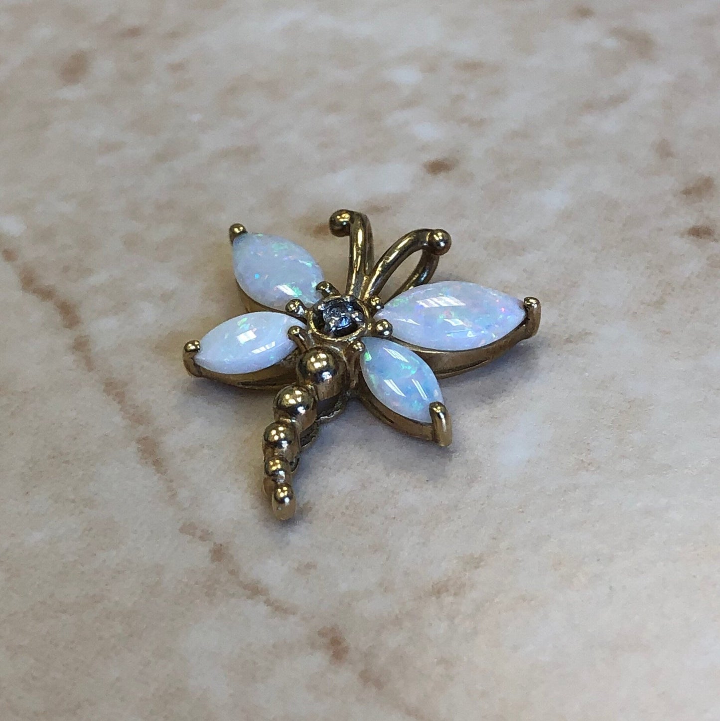 Natural Opal & Diamond Pendant Necklace - Dragonfly Pendant - 10K Yellow Gold - October Birthstone - Birthday Gift
