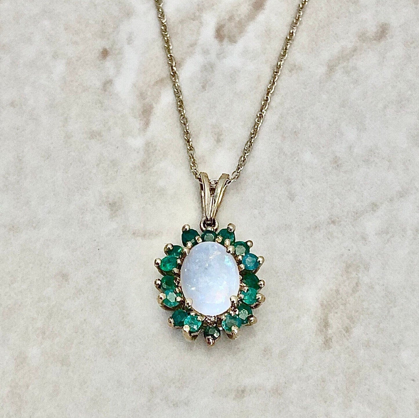Natural Opal & Emerald Pendant Necklace - 10K Yellow Gold - May And October Birthstone - Birthday Gift For Her