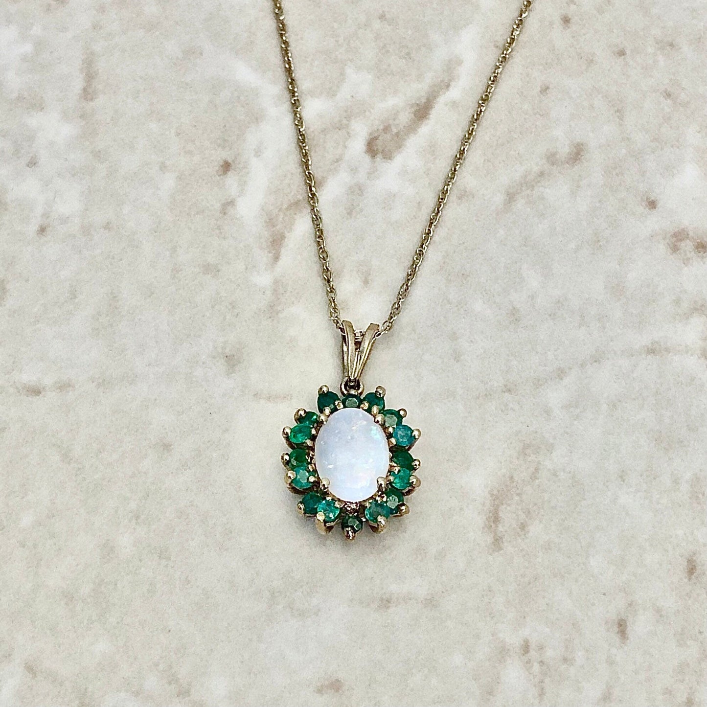Natural Opal & Emerald Pendant Necklace - 10K Yellow Gold - May And October Birthstone - Birthday Gift For Her