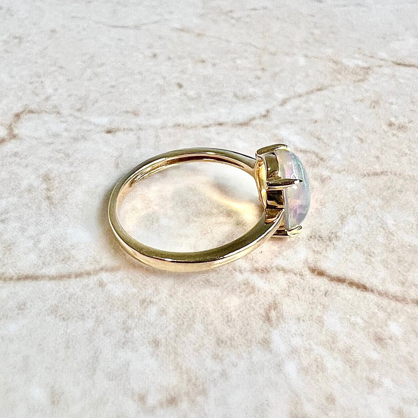 10K Natural Opal Solitaire Ring - 10 Karat Yellow Gold Opal Ring - October Birthstone - Birthday Gift - Best Gifts For Her - Cocktail Ring
