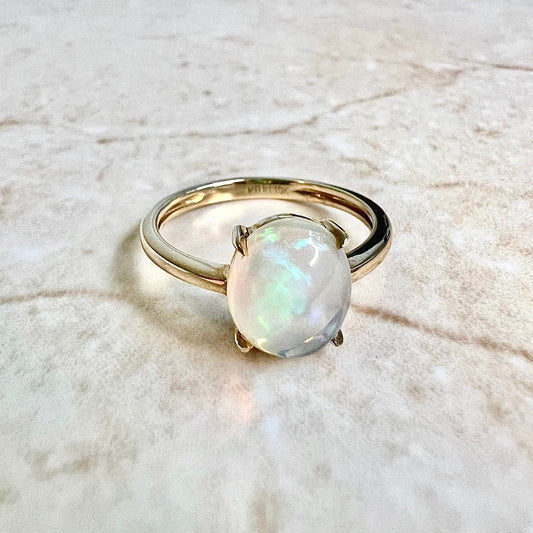 10K Natural Opal Solitaire Ring - 10 Karat Yellow Gold Opal Ring - October Birthstone - Birthday Gift - Best Gifts For Her - Cocktail Ring