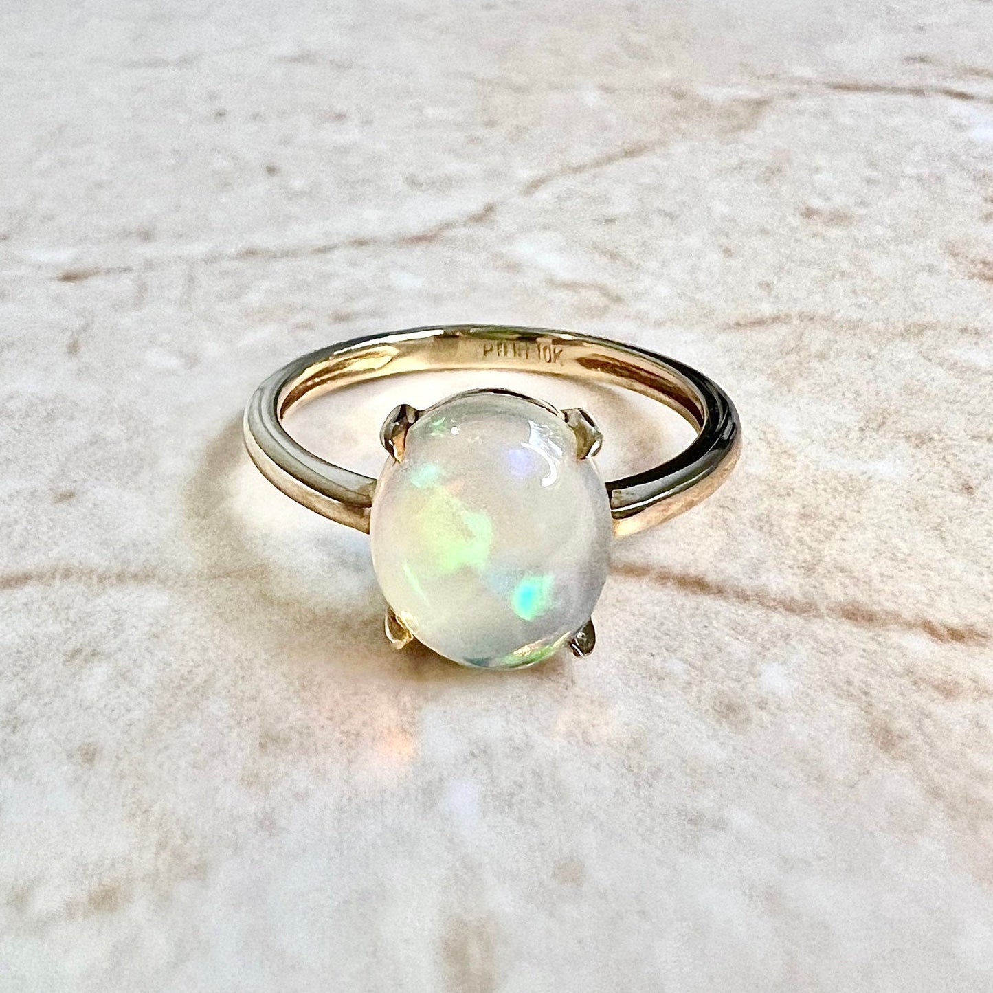 10K Natural Opal Solitaire Ring - 10 Karat Yellow Gold Opal Ring - October Birthstone - Birthday Gift - Best Gifts For Her - Cocktail Ring