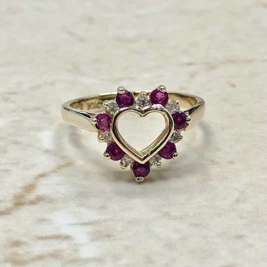 10K Gold Natural Ruby & Diamond Heart Ring - Cocktail Ring - Ruby Ring - Birthday Gift - July Birthstone - Size 5.75