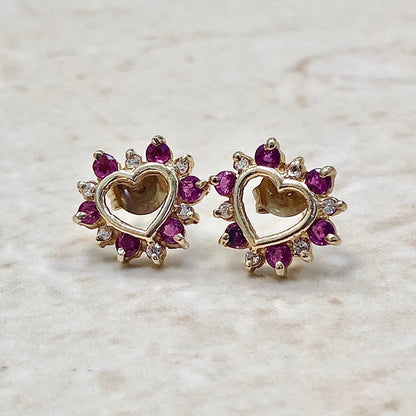 10K Natural Ruby & Diamond Heart Stud Earrings - Yellow Gold Ruby Earrings - July Birthstone - Birthday Gift - Valentine’s Day Gifts For Her