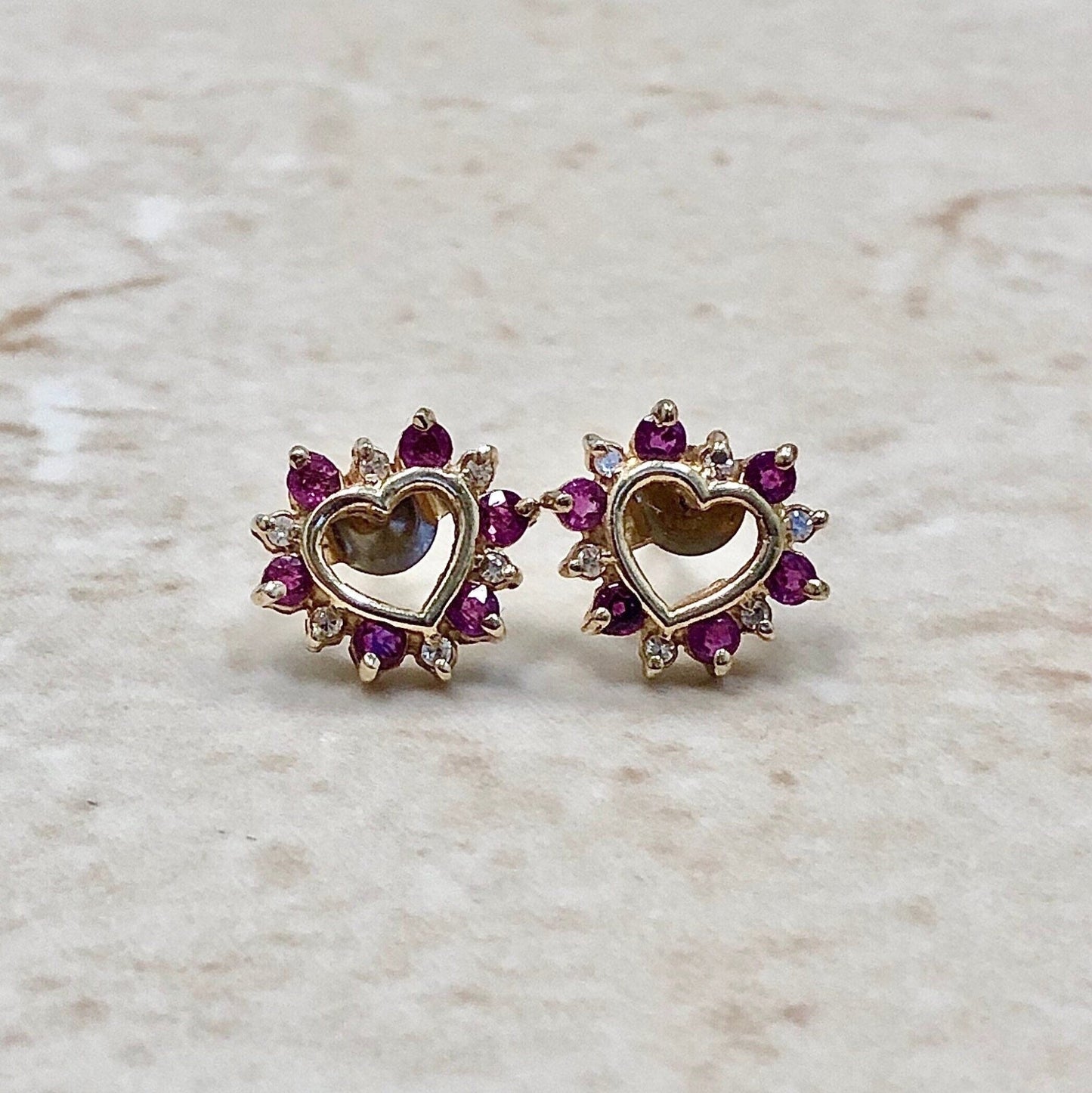 10K Natural Ruby & Diamond Heart Stud Earrings - Yellow Gold Ruby Earrings - July Birthstone - Birthday Gift - Valentine’s Day Gifts For Her
