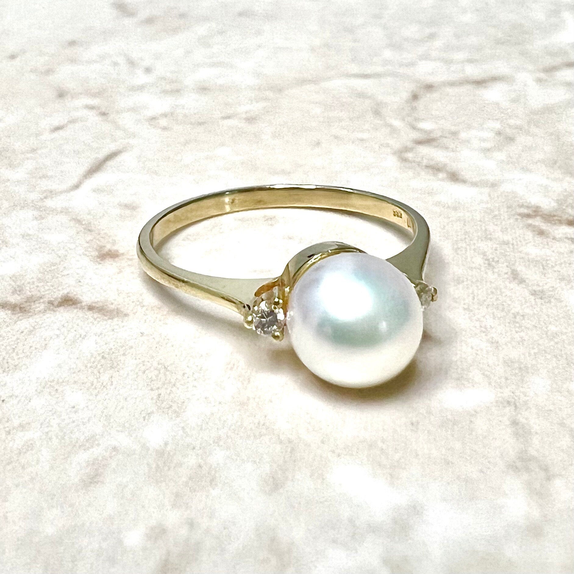 14 Karat Pearl & Diamond Three-Stone Ring - WeilJewelry