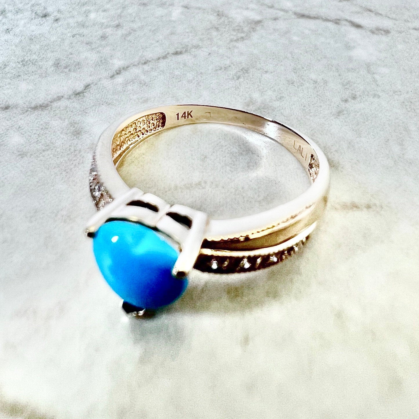 14K Gold Turquoise & Diamond Heart Cocktail Ring - Rose Gold Turquoise Ring - Gold Turquoise Solitaire Ring - Valentine’s Day Gifts For Her