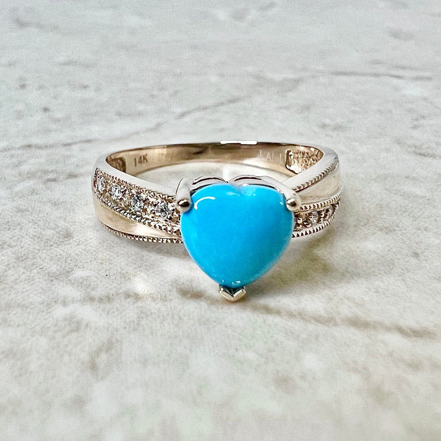 14K Gold Turquoise & Diamond Heart Cocktail Ring - Rose Gold Turquoise Ring - Gold Turquoise Solitaire Ring - Valentine’s Day Gifts For Her