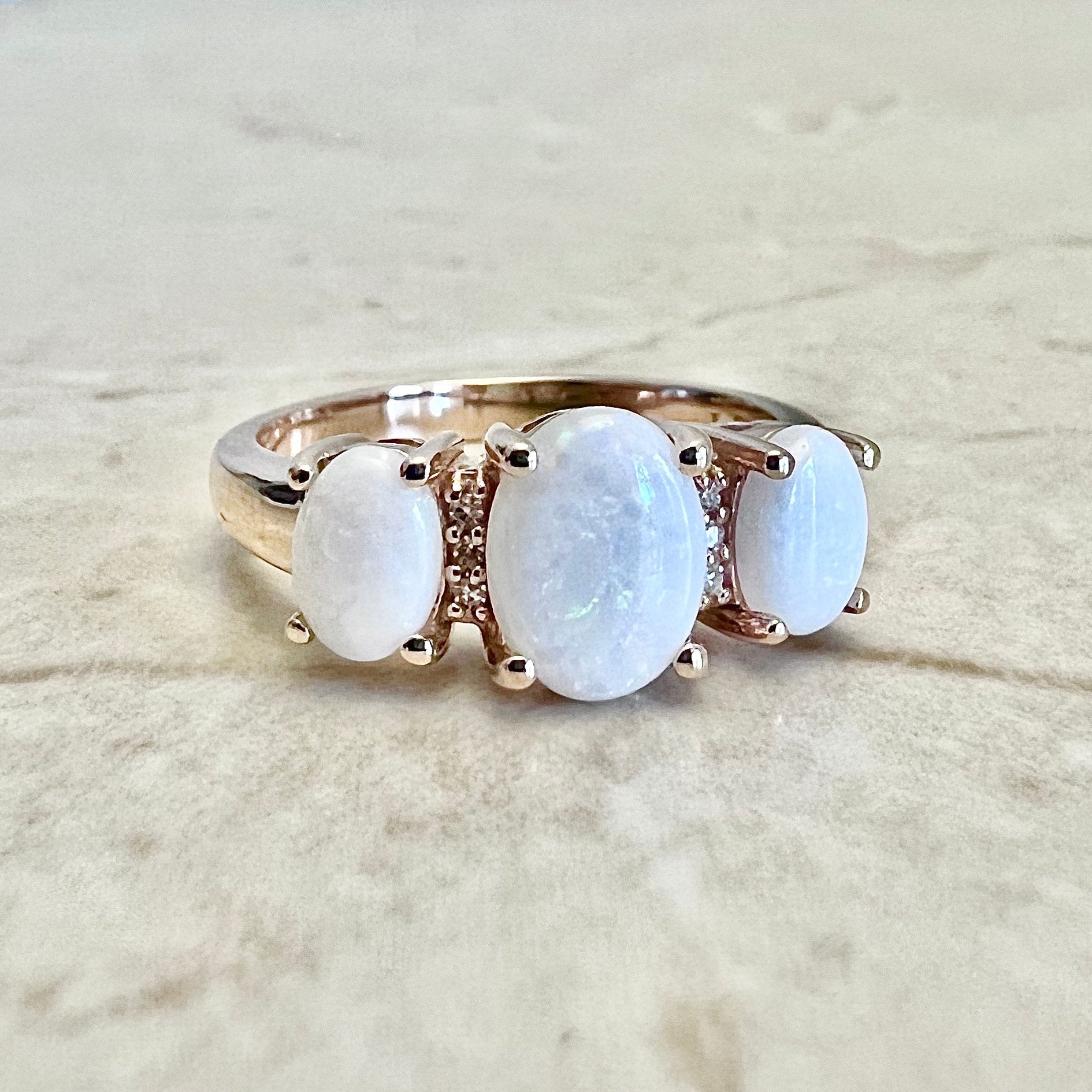 14K Natural Opal & Diamond Cocktail Ring - Rose Gold 3 Stone Ring - October Birthstone - Birthday Gift - Best Gift For Her - Jewelry Sale