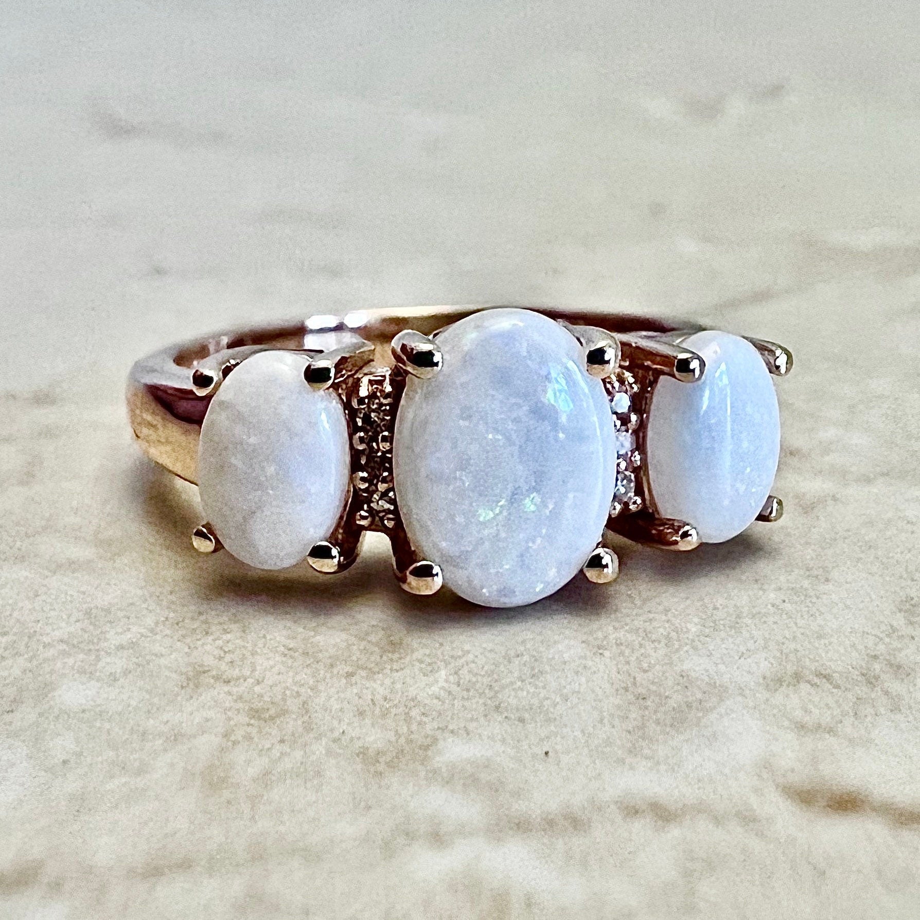 14K Natural Opal & Diamond Cocktail Ring - Rose Gold 3 Stone Ring - October Birthstone - Birthday Gift - Best Gift For Her - Jewelry Sale