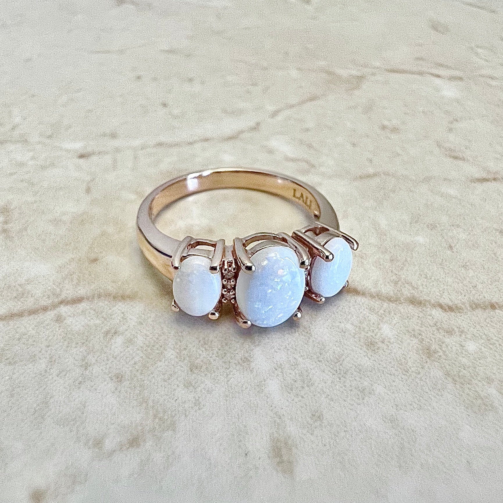 14 Karat Rose Gold Natural Opal & Diamond Three - Stone Ring - WeilJewelry