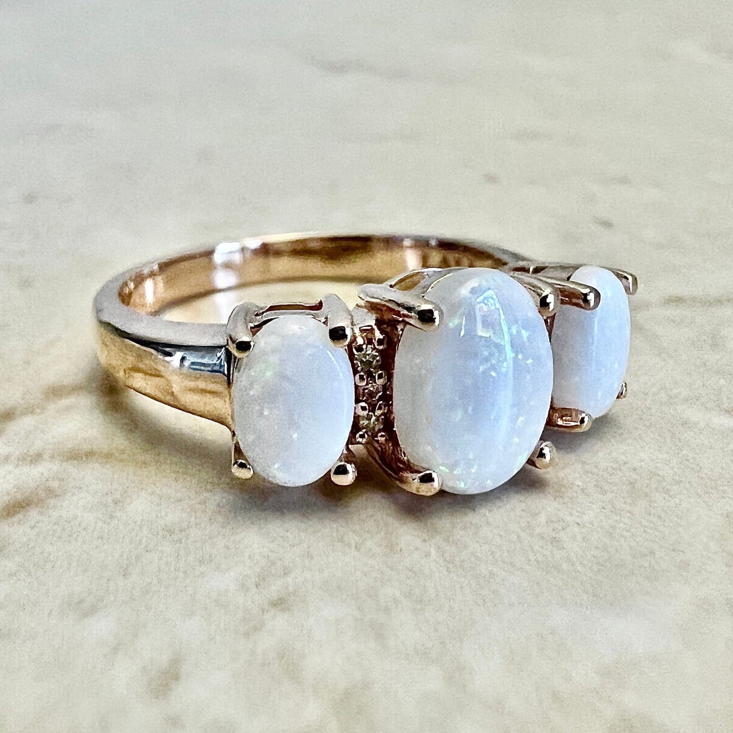 14K Natural Opal & Diamond Cocktail Ring - Rose Gold 3 Stone Ring - October Birthstone - Birthday Gift - Best Gift For Her - Jewelry Sale