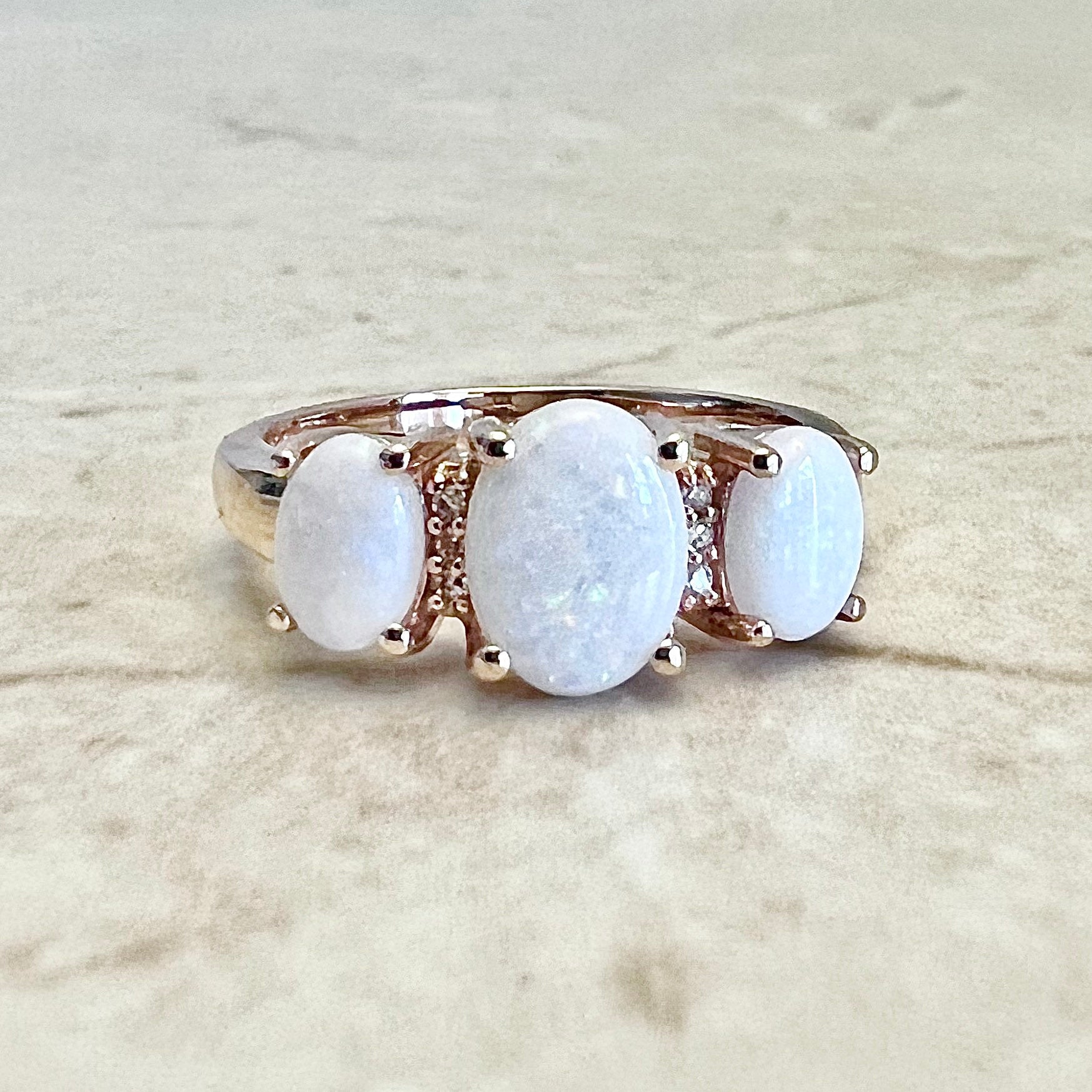 14K Natural Opal & Diamond Cocktail Ring - Rose Gold 3 Stone Ring - October Birthstone - Birthday Gift - Best Gift For Her - Jewelry Sale