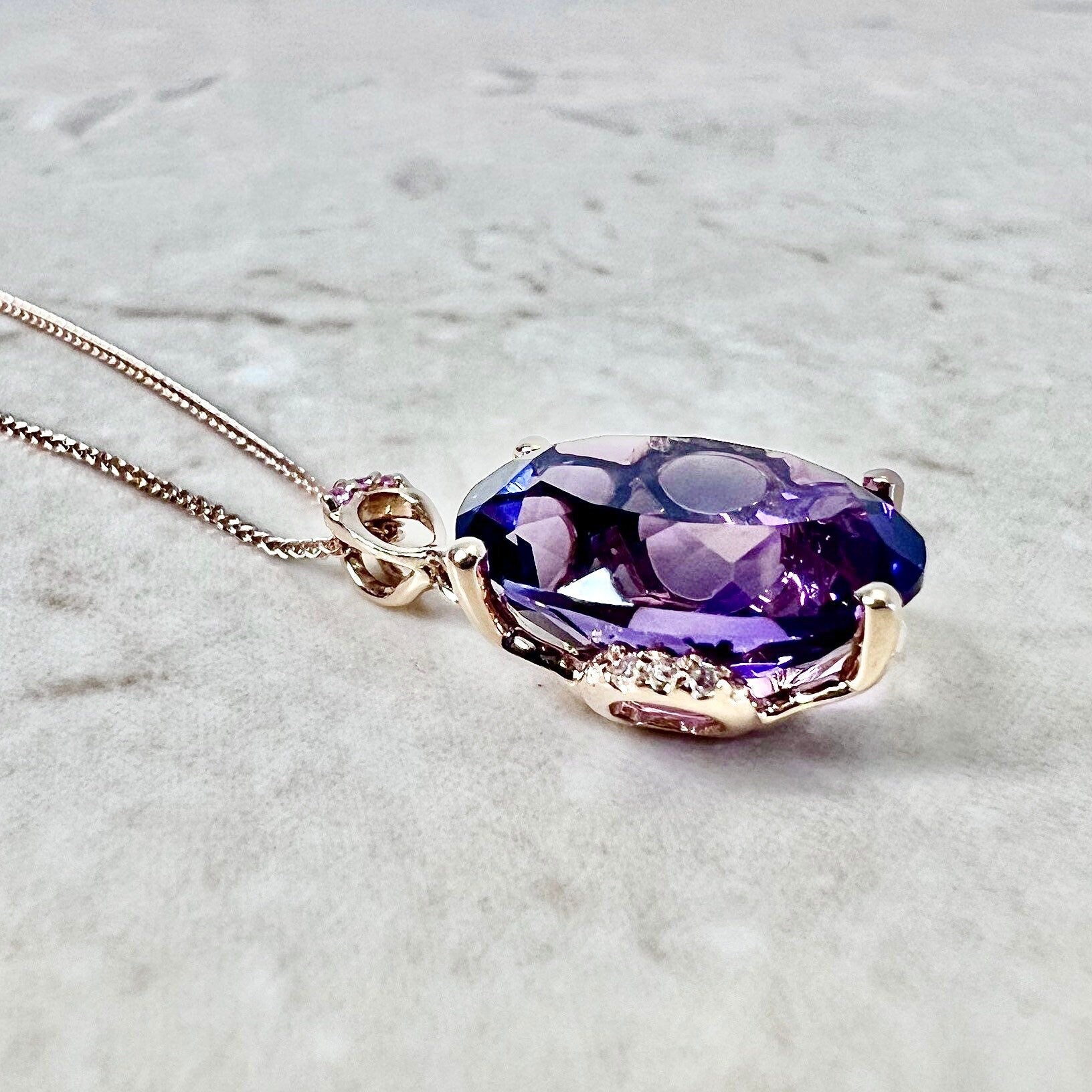 14K Amethyst Pink Sapphire & Diamond Pendant Necklace - Rose Gold Oval Amethyst Pendant - February Birthstone - Birthday Gift - Holiday Gift