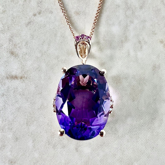 14K Amethyst Pink Sapphire & Diamond Pendant Necklace - Rose Gold Oval Amethyst Pendant - February Birthstone - Birthday Gift - Holiday Gift