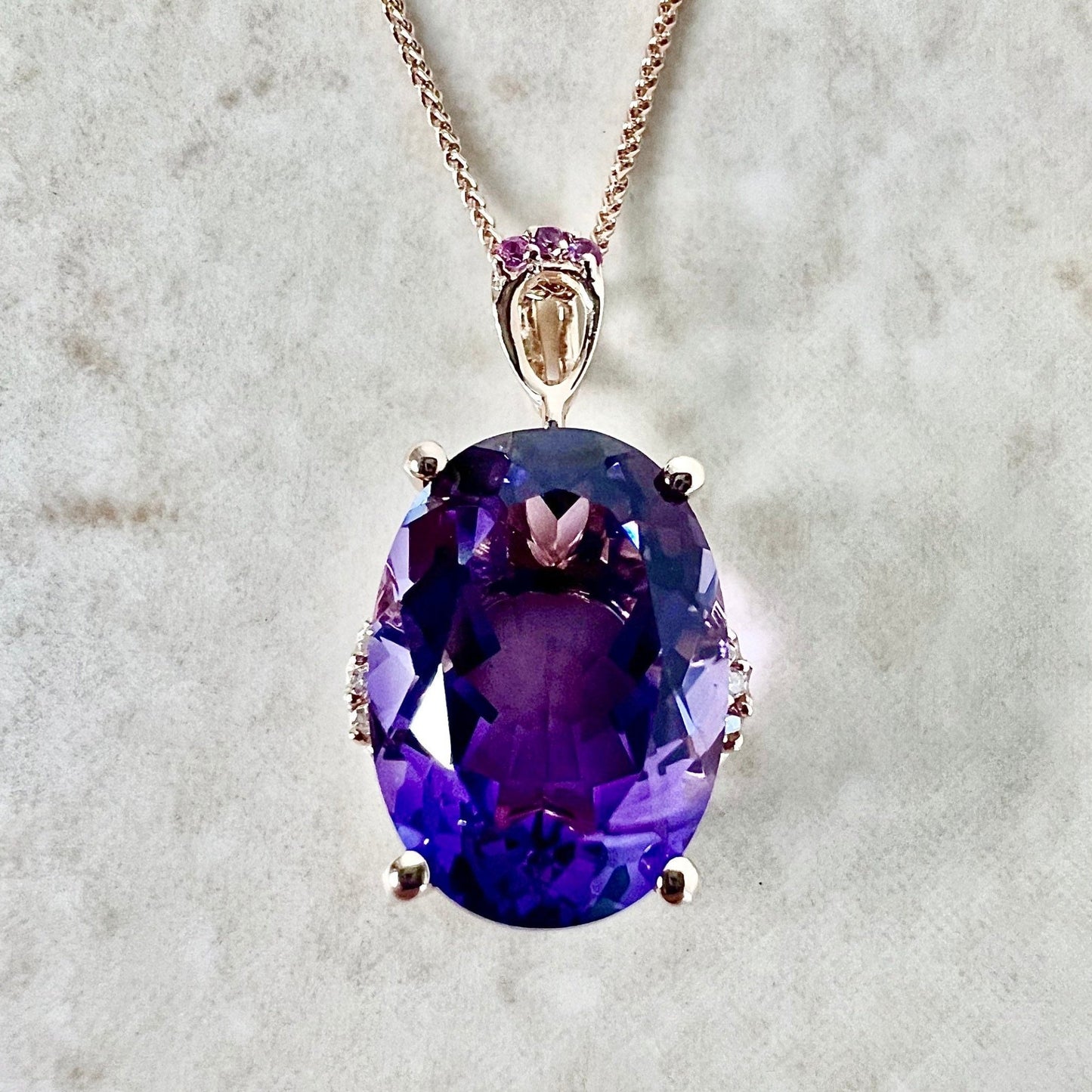 14 Karat Rose Gold Oval Amethyst, Pink Sapphire & Diamond Pendant Necklace - WeilJewelry