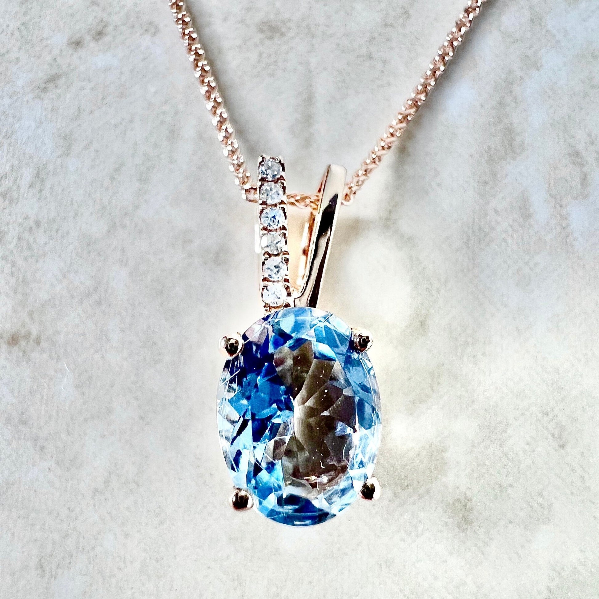 14K Oval Aquamarine & Diamond Pendant Necklace - Rose Gold Aquamarine Pendant - March Birthstone - Birthday Gift For Her - Holiday Gift
