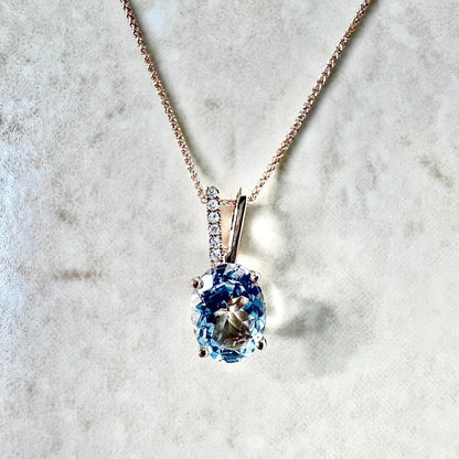 14K Oval Aquamarine & Diamond Pendant Necklace - Rose Gold Aquamarine Pendant - March Birthstone - Birthday Gift For Her - Holiday Gift