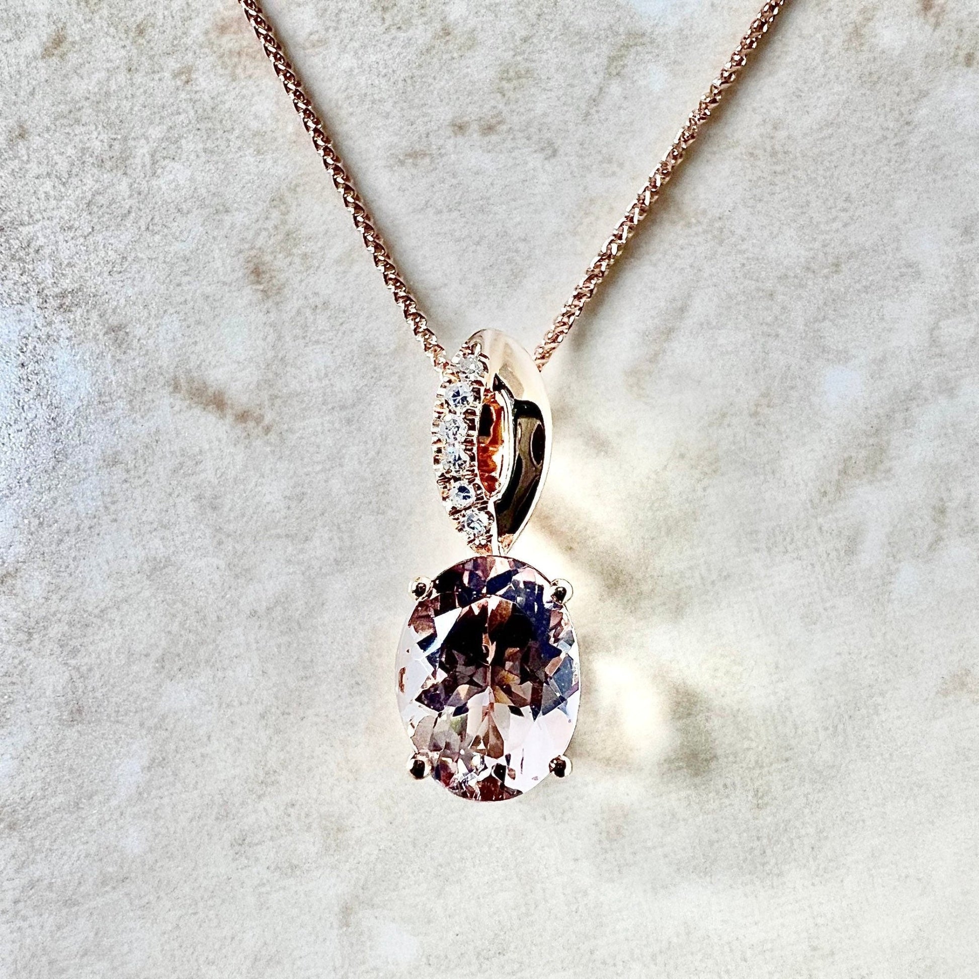 14 Karat Rose Gold Oval Morganite Diamond Pendant Necklace