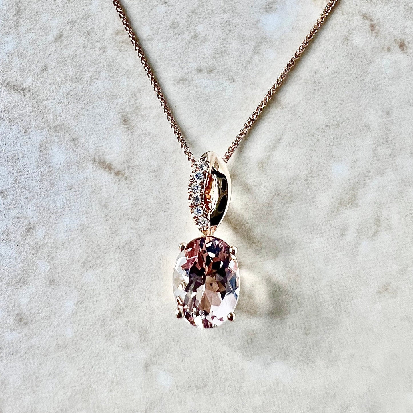 14K Oval Morganite & Diamond Pendant Necklace - Rose Gold Morganite Pendant - Birthday Gift For Her - Holiday Gift - Christmas Gift