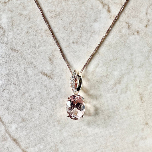 14K Oval Morganite & Diamond Pendant Necklace - Rose Gold Morganite Pendant - Birthday Gift For Her - Holiday Gift - Christmas Gift