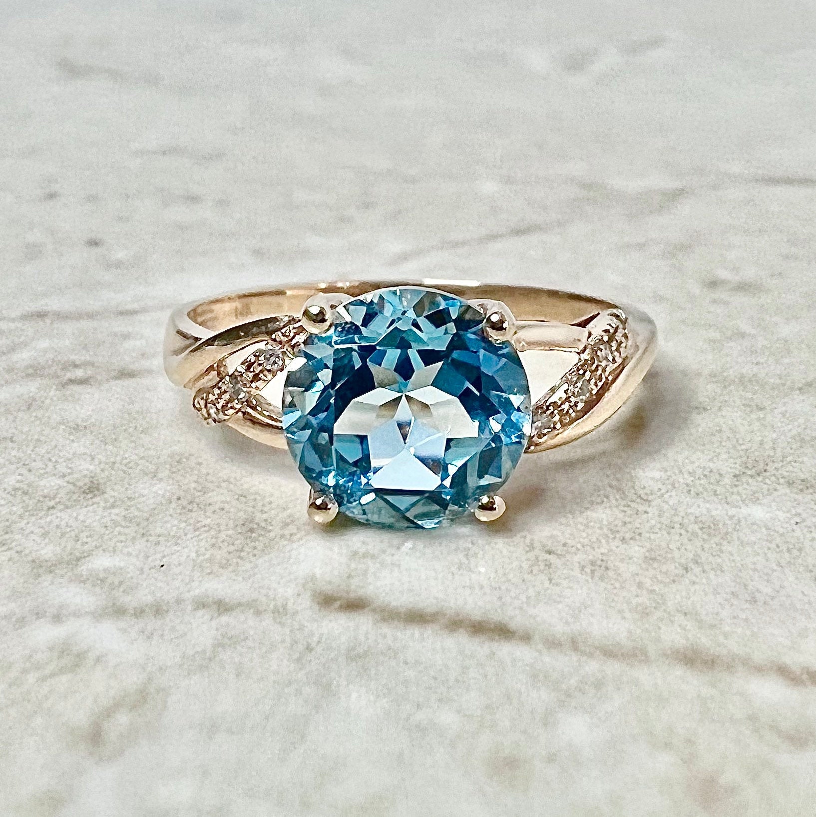 14 Karat Rose Gold Round Blue Topaz & Diamond Solitaire Cocktail Ring - WeilJewelry