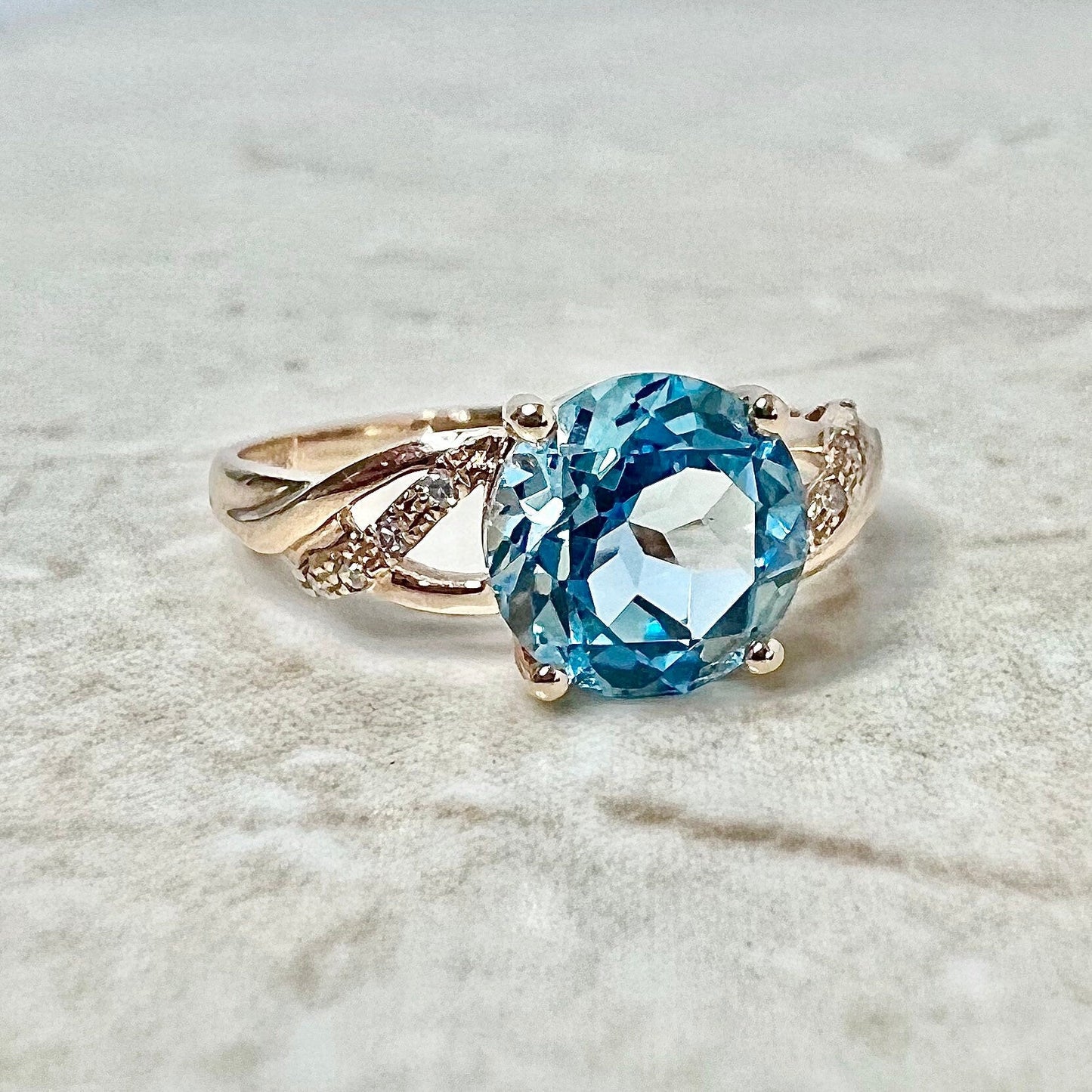 14 Karat Rose Gold Round Blue Topaz & Diamond Solitaire Cocktail Ring - WeilJewelry