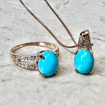 14K Gold Turquoise And Diamond Ring & Pendant Necklace Set - Rose Gold Turquoise Set - Jewelry Set - December Birthstone Jewelry