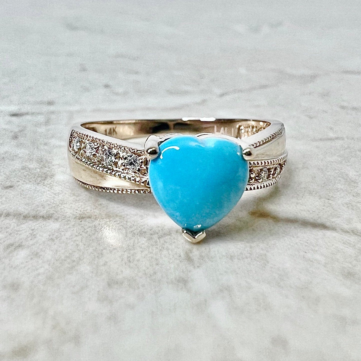 14K Turquoise And Diamond Heart Cocktail Ring & Pendant Necklace Set - Rose Gold Turquoise Set - Jewelry Set - Valentine’s Day Gifts For Her