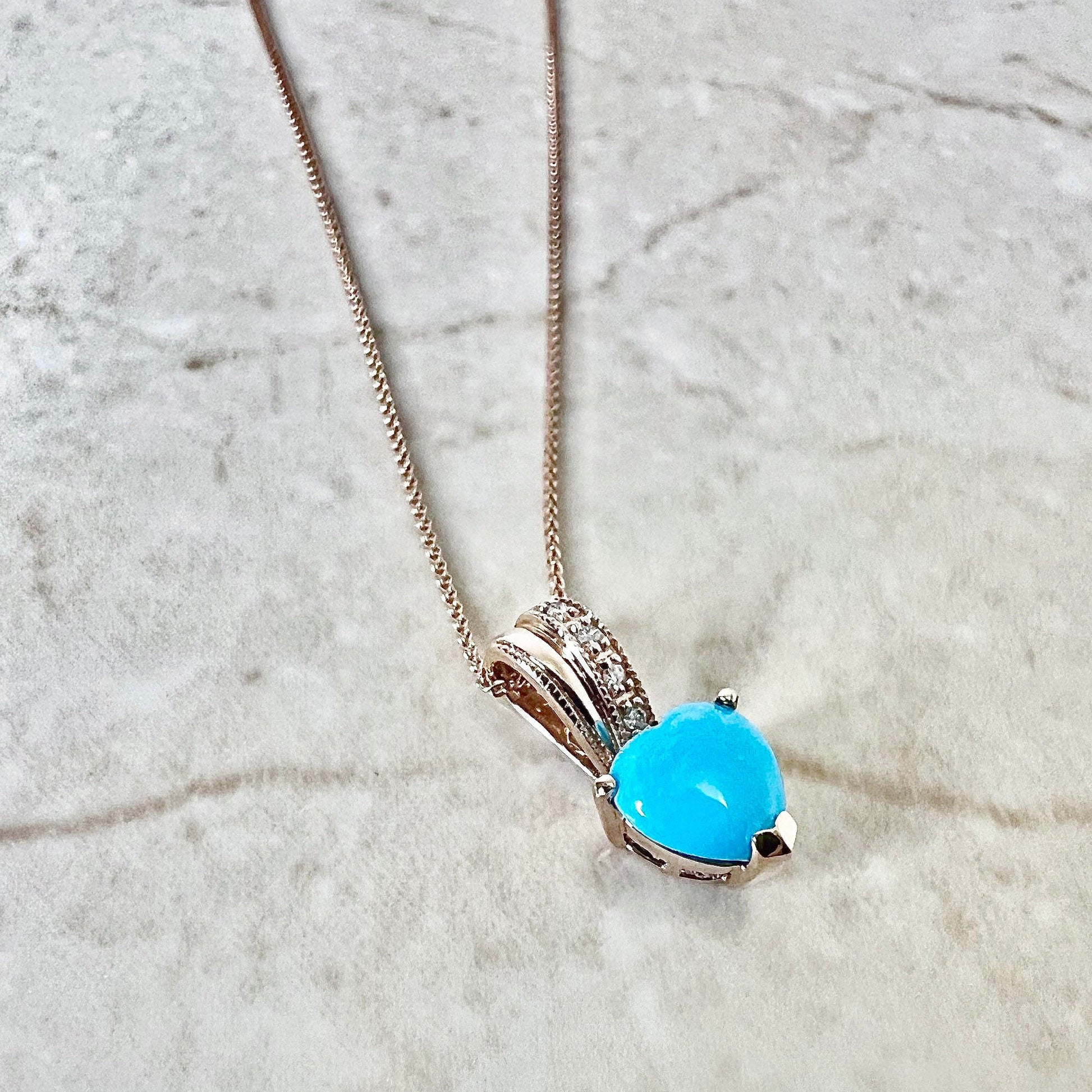 14K Turquoise And Diamond Heart Cocktail Ring & Pendant Necklace Set - Rose Gold Turquoise Set - Jewelry Set - Valentine’s Day Gifts For Her