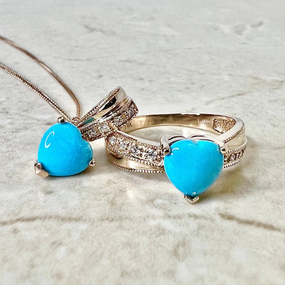 14K Turquoise And Diamond Heart Cocktail Ring & Pendant Necklace Set - Rose Gold Turquoise Set - Jewelry Set - Valentine’s Day Gifts For Her