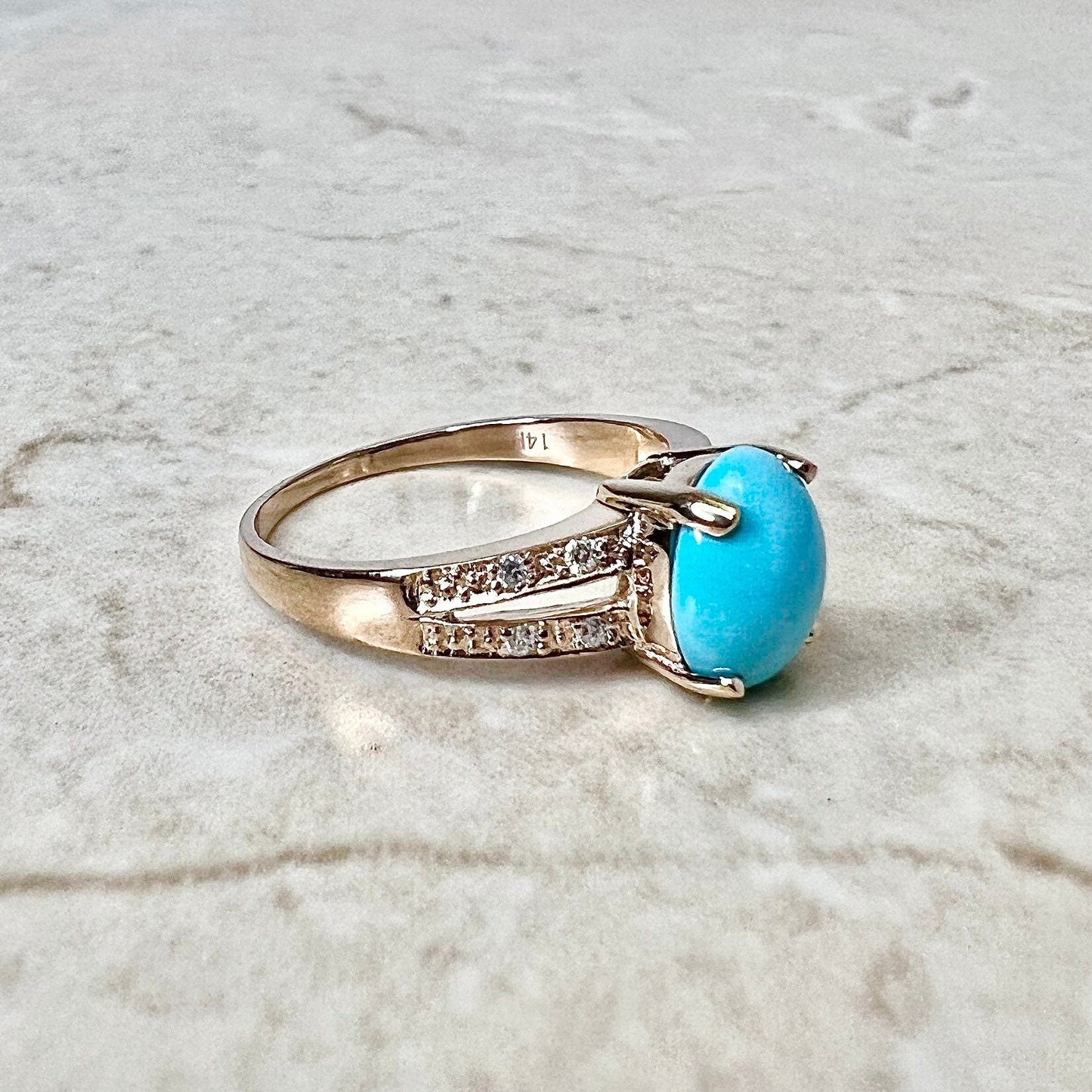 14K Gold Turquoise & Diamond Cocktail Ring - Rose Gold Turquoise Ring - Solitaire Ring - December Birthstone - Birthday Gift For Her