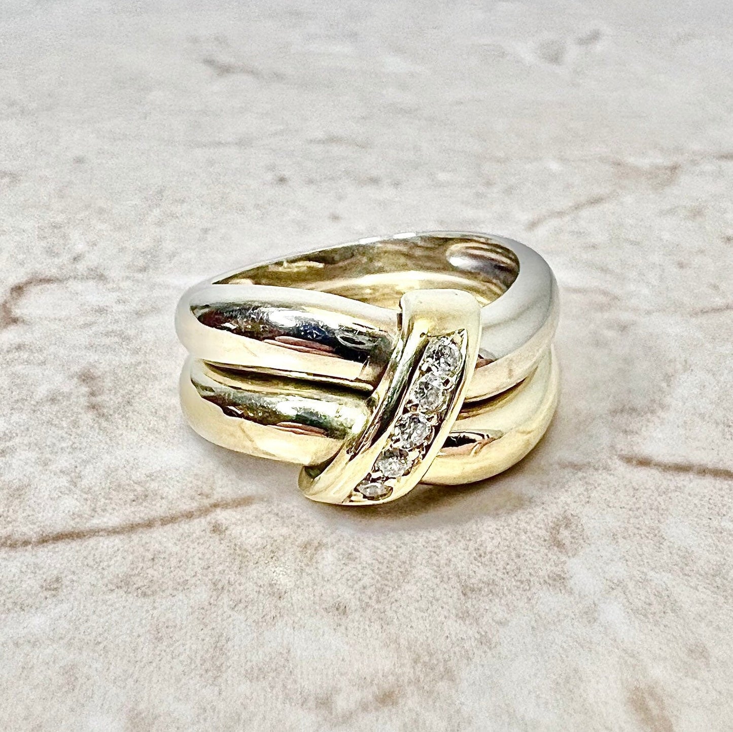 14K Diamond Crossover Band Ring - Two Tone Gold Band - Wedding Ring - Five Stone Ring - Promise Ring - Anniversary Ring - Best Gift For Her