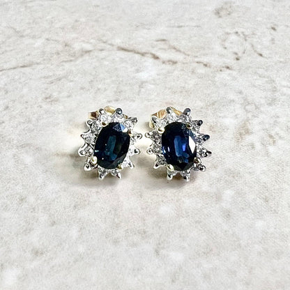 14 Karat Two - Tone Oval Blue Sapphire & Diamond Halo Stud Earrings - WeilJewelry