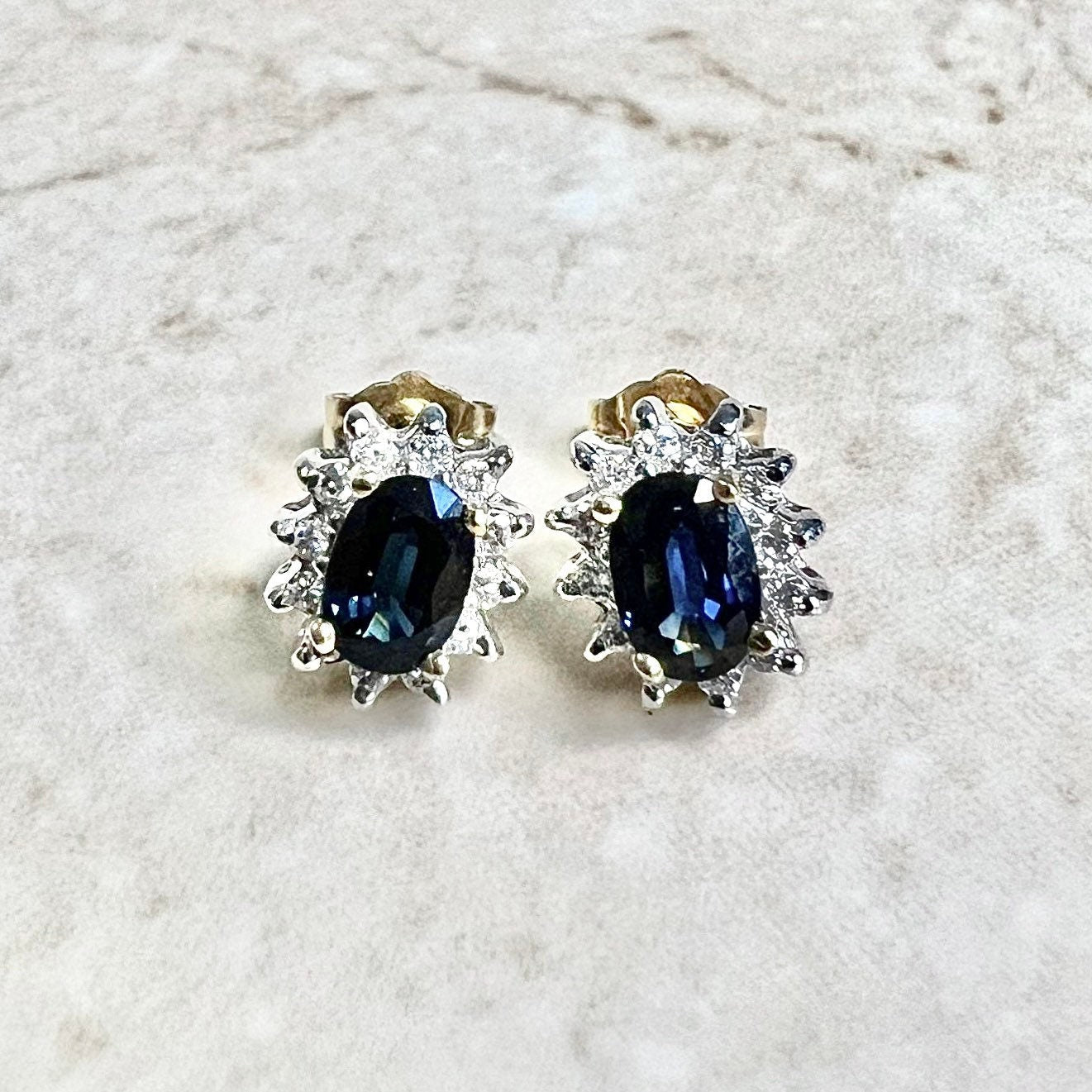 14 Karat Two - Tone Oval Blue Sapphire & Diamond Halo Stud Earrings - WeilJewelry