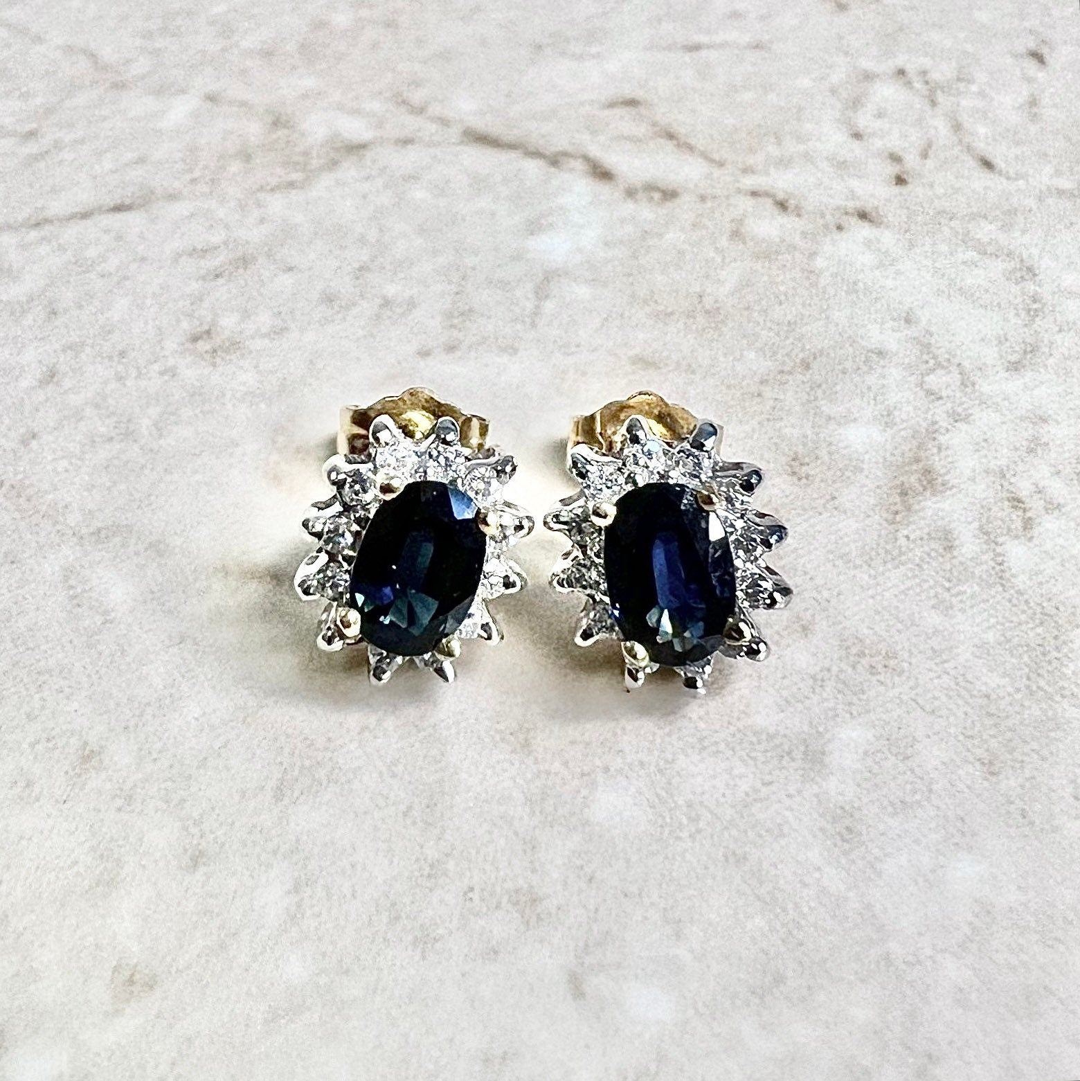 14 Karat Two - Tone Oval Blue Sapphire & Diamond Halo Stud Earrings - WeilJewelry