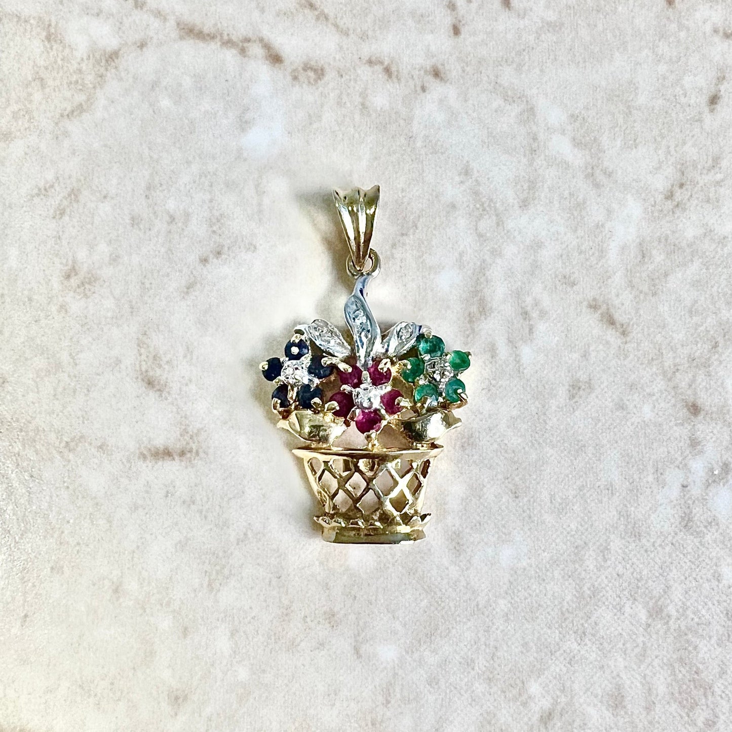 14 Karat Two-Tone Ruby, Sapphire, Emerald & Diamond Flower Pot Pendant