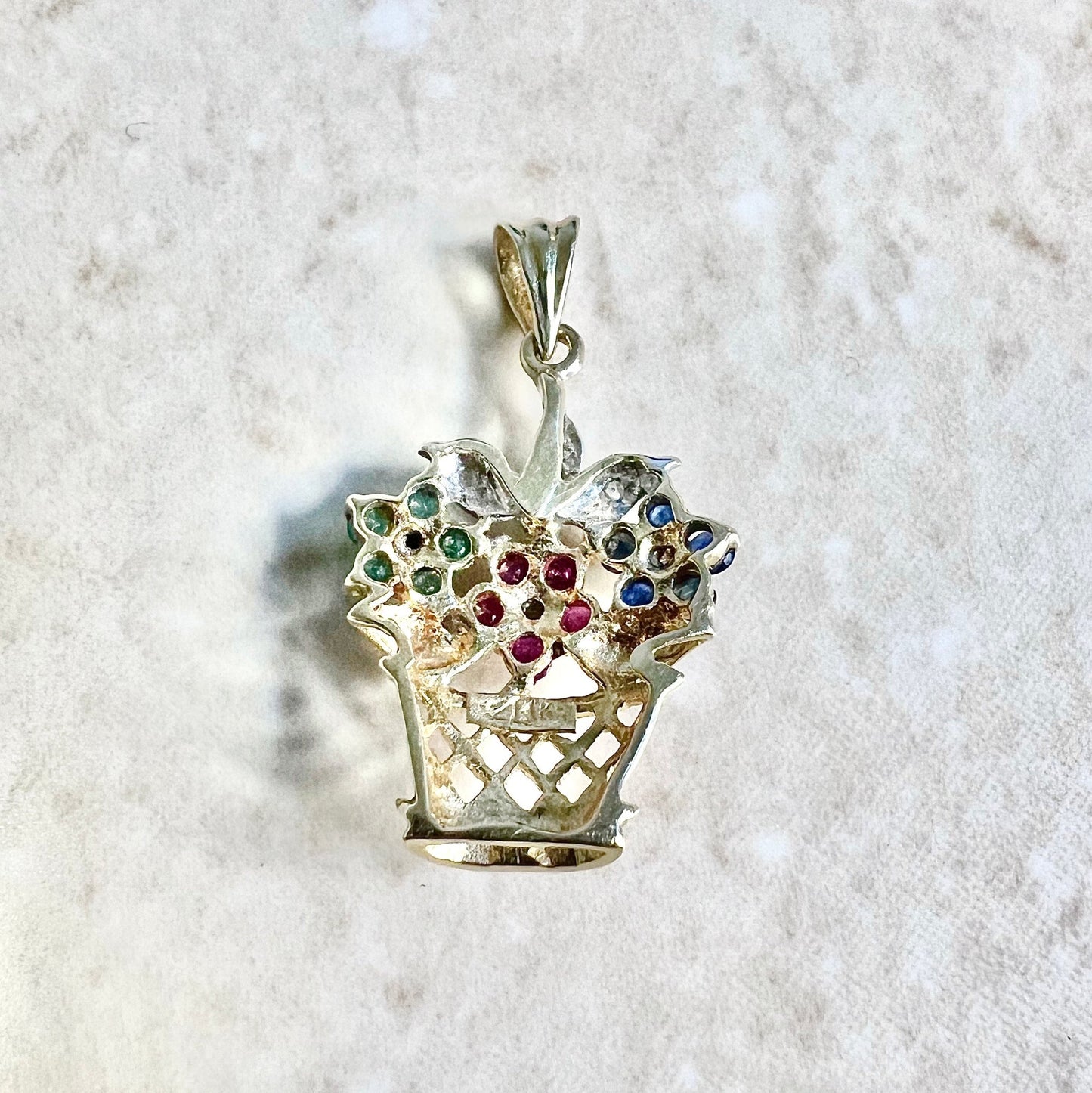 14 Karat Two-Tone Ruby, Sapphire, Emerald & Diamond Flower Pot Pendant
