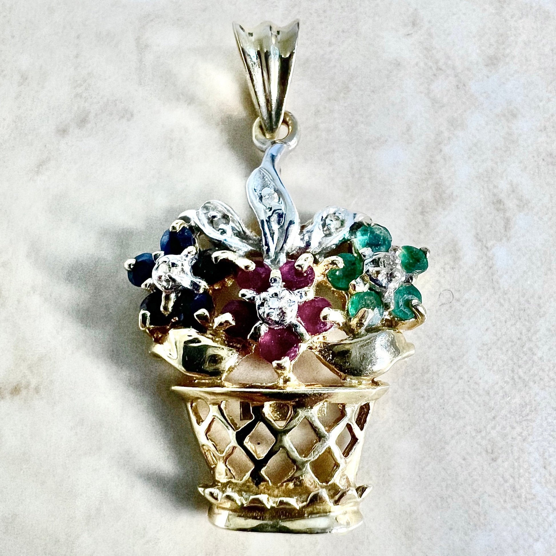 14K Flower Pot Pendant Necklace - Yellow & White Gold Sapphire Ruby Emerald And Diamond Pendant -Best Gifts For Her - Gemstone Pendant
