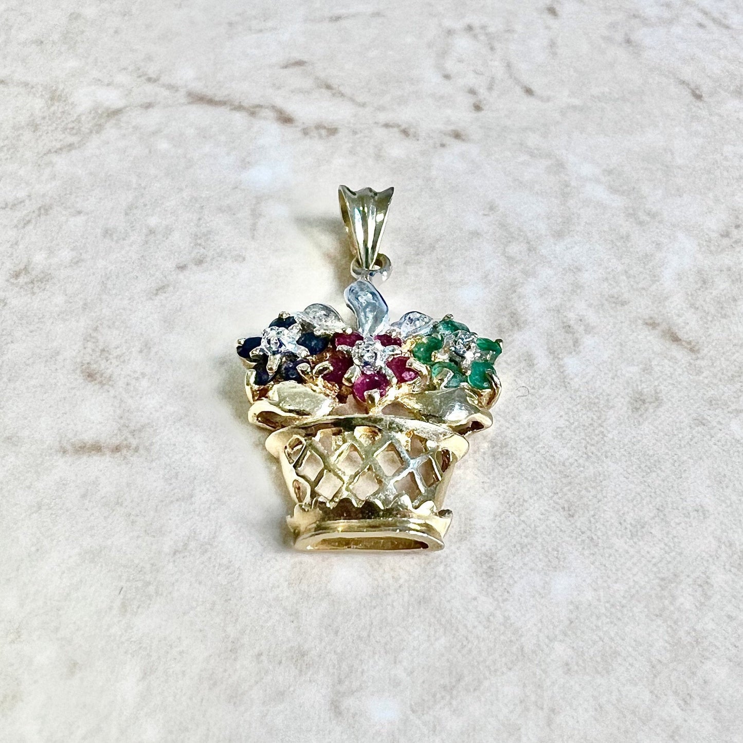 14K Flower Pot Pendant Necklace - Yellow & White Gold Sapphire Ruby Emerald And Diamond Pendant -Best Gifts For Her - Gemstone Pendant