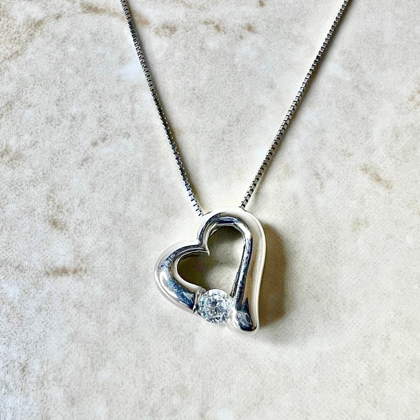 14K Diamond Heart Pendant Necklace - White Gold Solitaire Necklace - Diamond Pendant - Heart Diamond Necklace - Solitaire Heart Necklace