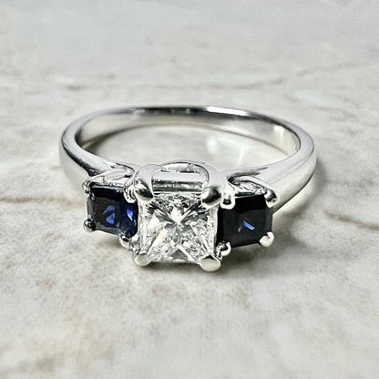 14 Karat White Gold 1/2 Carat Princess Cut Diamond & Sapphire Three - Stone Engagement Ring - WeilJewelry