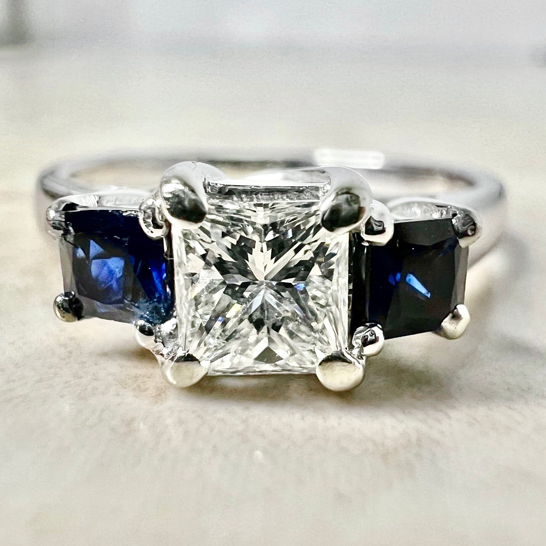 14K Princess Cut Diamond And Sapphire Engagement Ring - 14K White Gold Ring - Three Stone Ring - Vintage Diamond Ring - Anniversary Ring