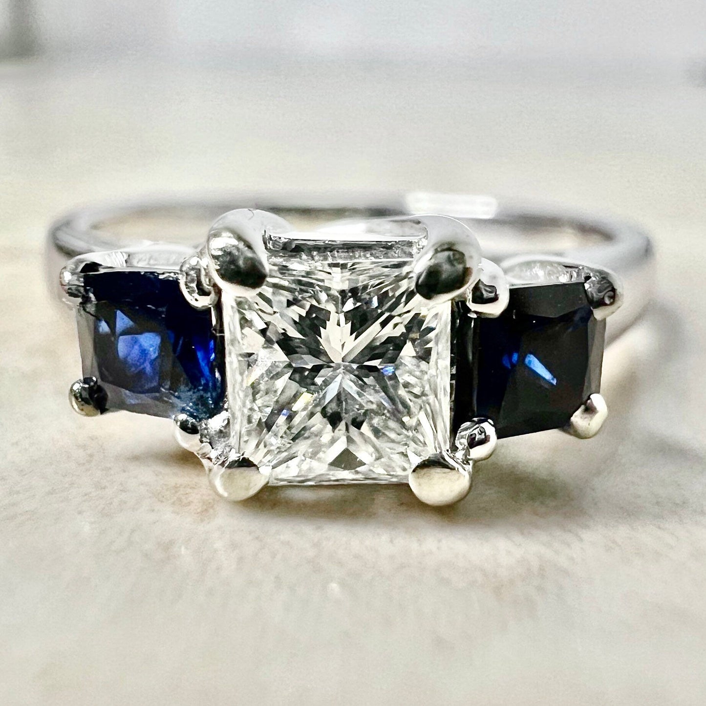 14 Karat White Gold 1/2 Carat Princess Cut Diamond & Sapphire Three - Stone Engagement Ring - WeilJewelry