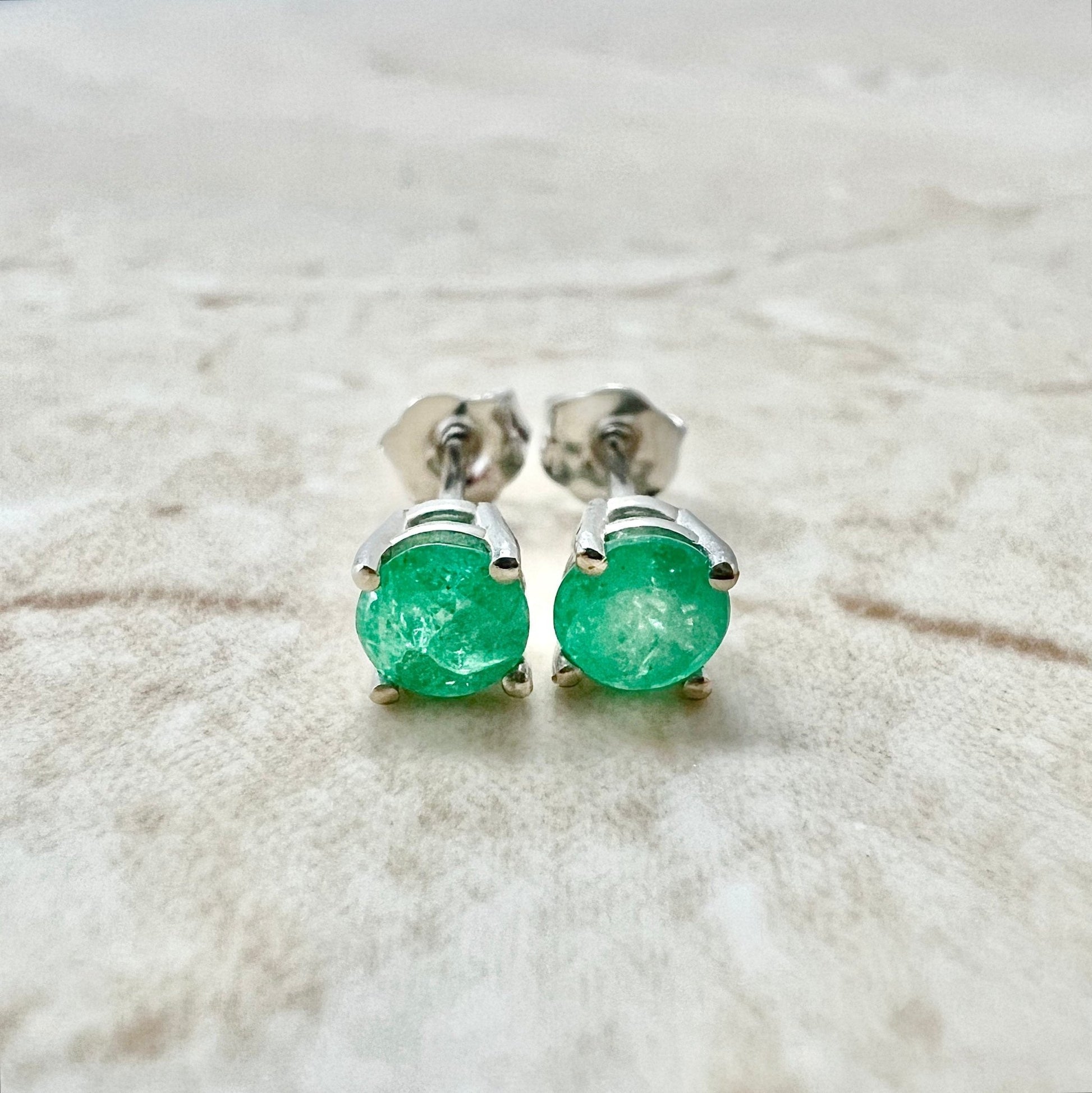 14K Natural Emerald Studs - 14K White Gold Emerald Earrings - Genuine Emerald Stud Earrings - May Birthstone Earrings - Best Gifts For Her