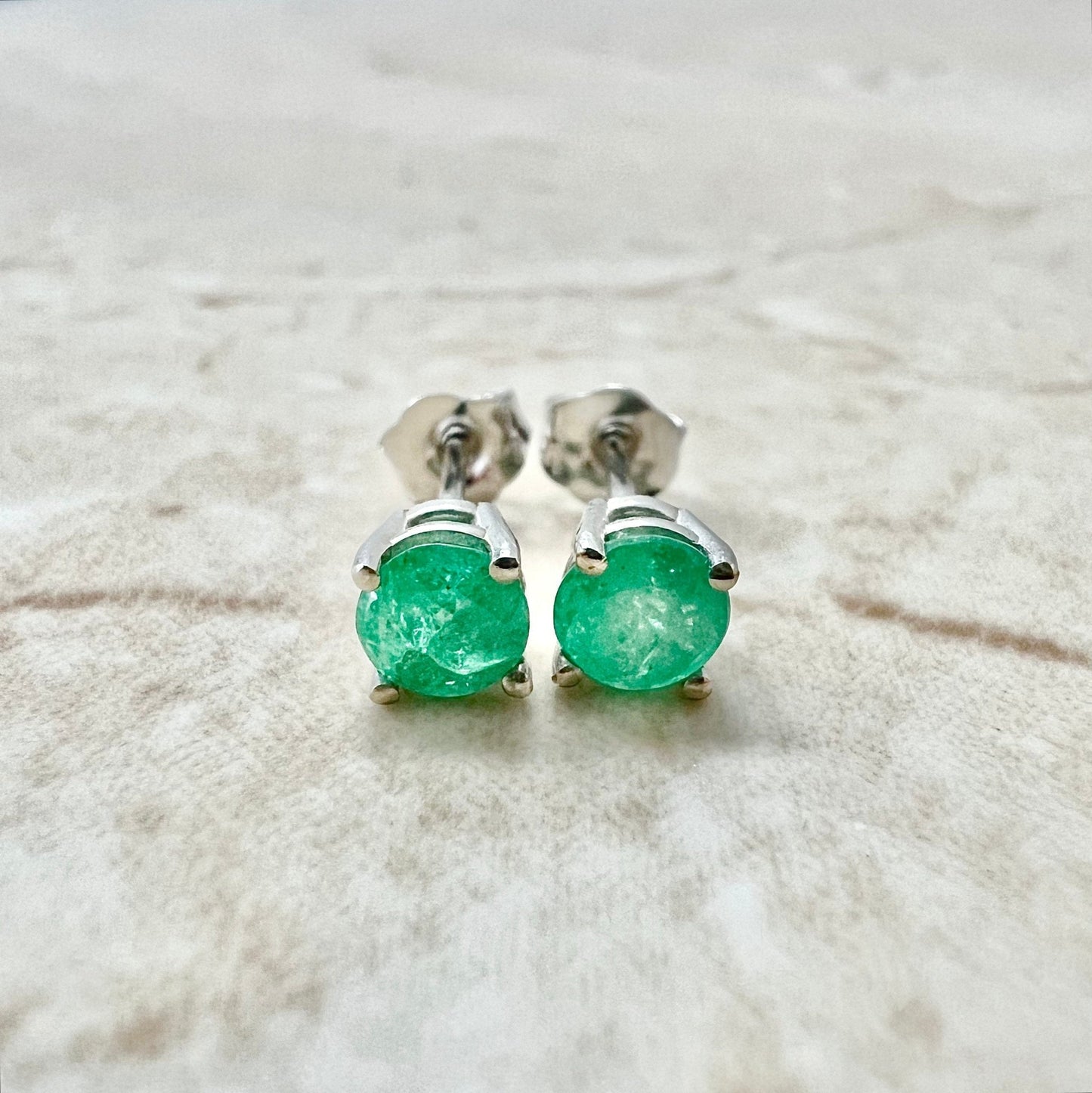 14 Karat White Gold 4.2 MM Natural Round Emerald Stud Earrings - WeilJewelry