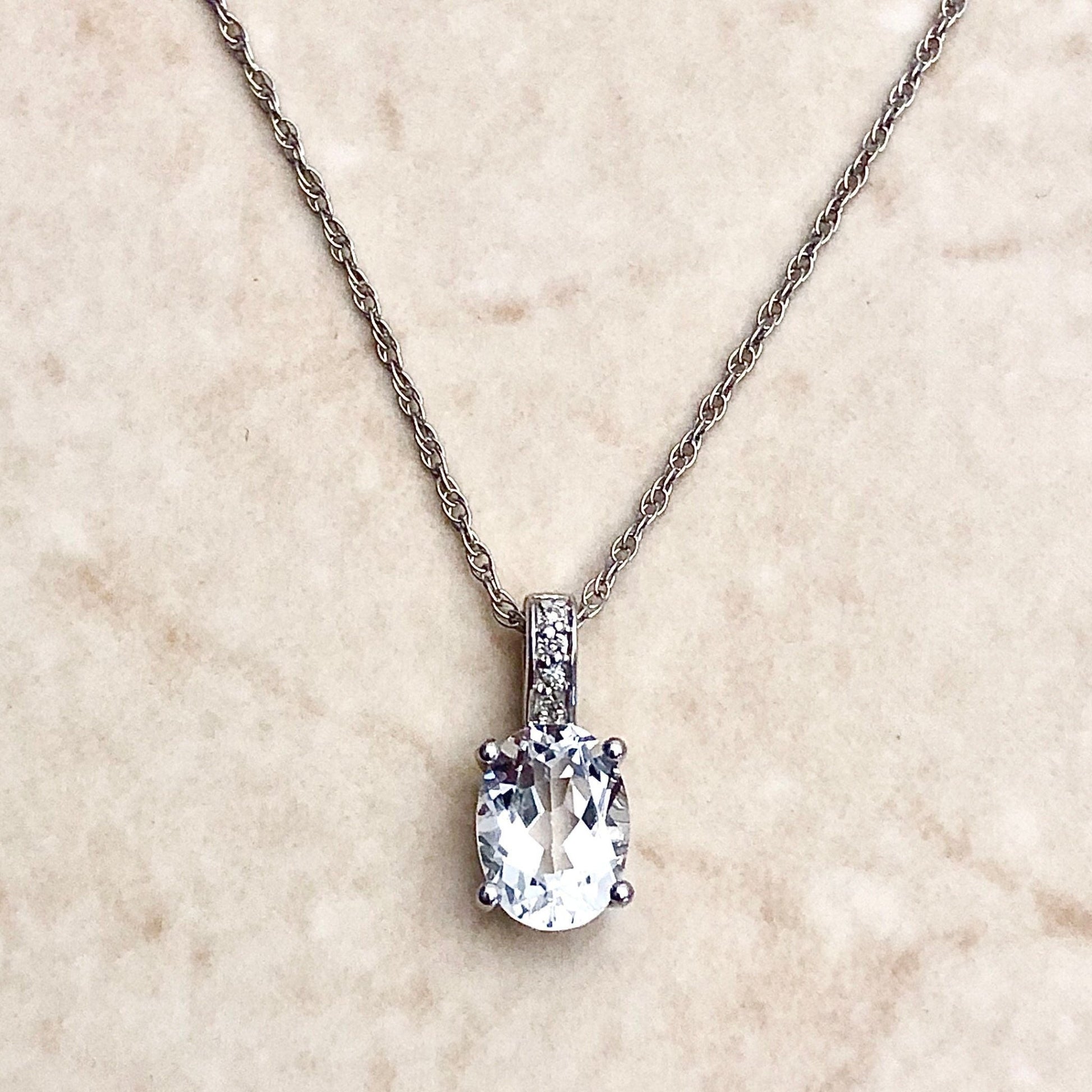 14K Oval White Topaz & Diamond Pendant Necklace - White Gold Topaz Pendant - April/November Birthstone - Genuine Gemstone - Birthday Gift