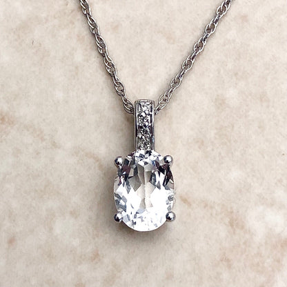 14K Oval White Topaz & Diamond Pendant Necklace - White Gold Topaz Pendant - April/November Birthstone - Genuine Gemstone - Birthday Gift